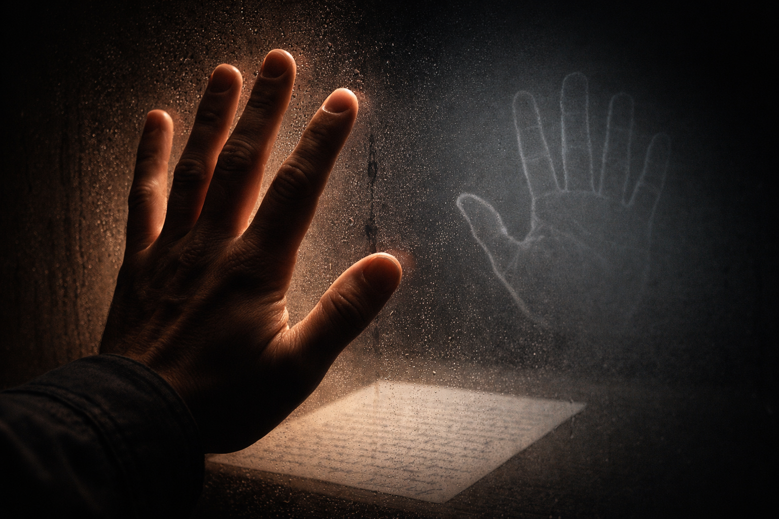 A human hand pressing against cold glass, a forensic outline of a hand on the other side, the confession illuminated only from the human side
