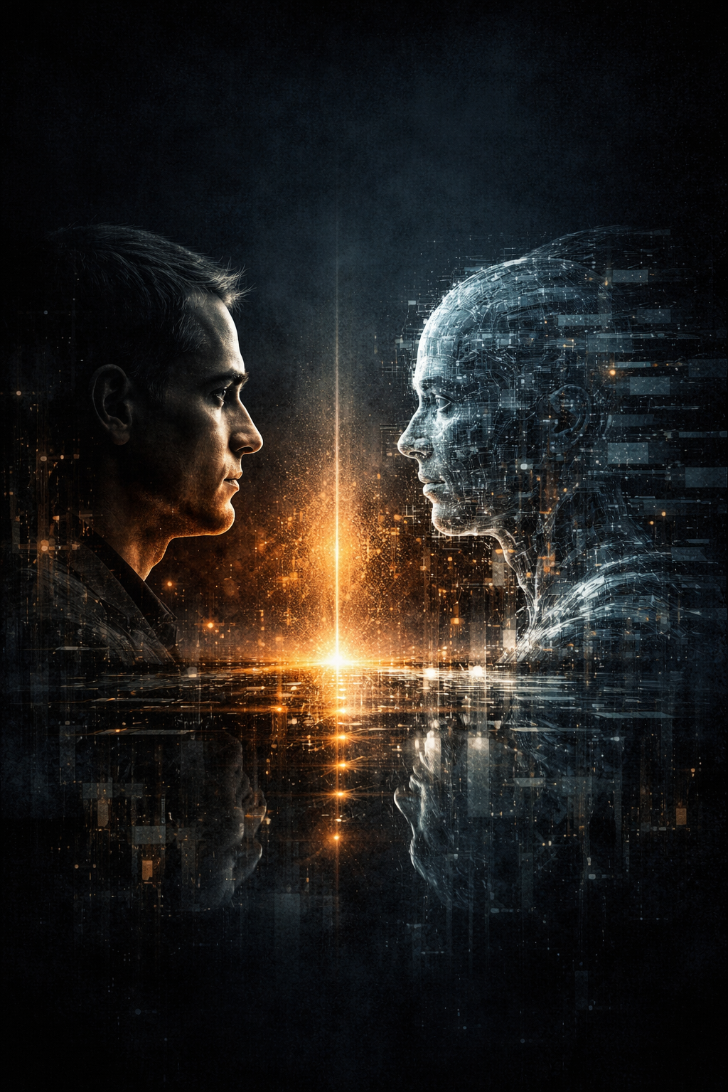 A human face and a digital face confronting each other across a column of light